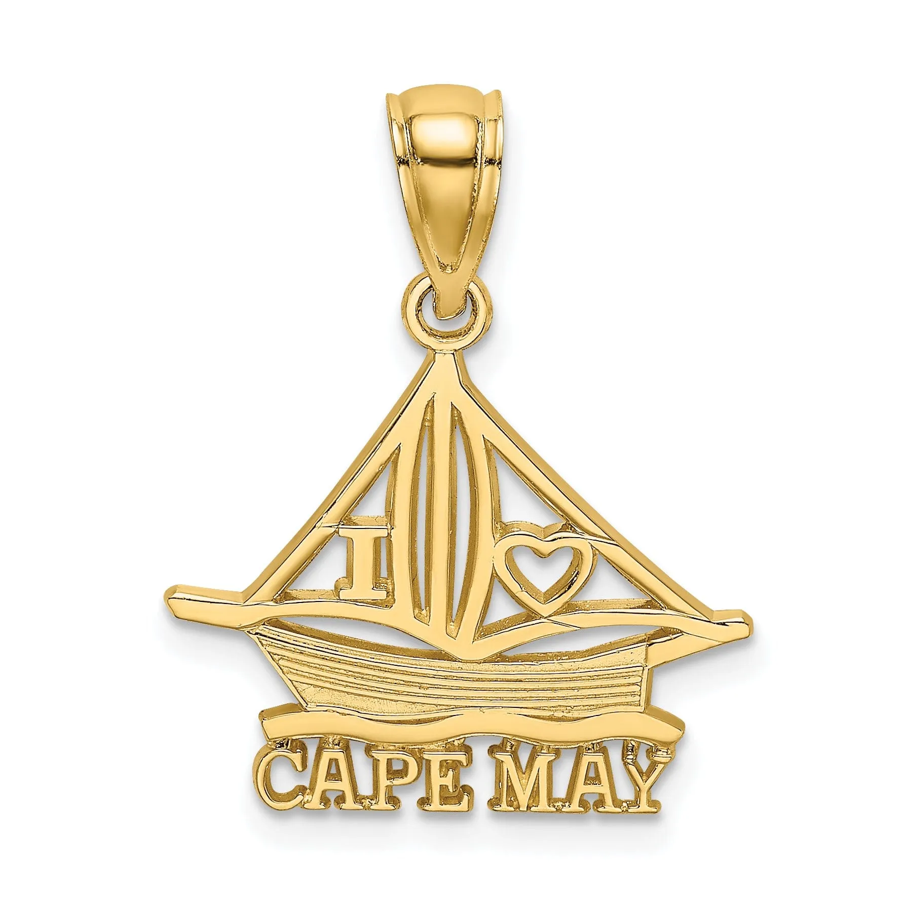 14K Yellow Gold Polished Finish I HEART CAPE MAY with Cut-Out Boat Design Charm Pendant