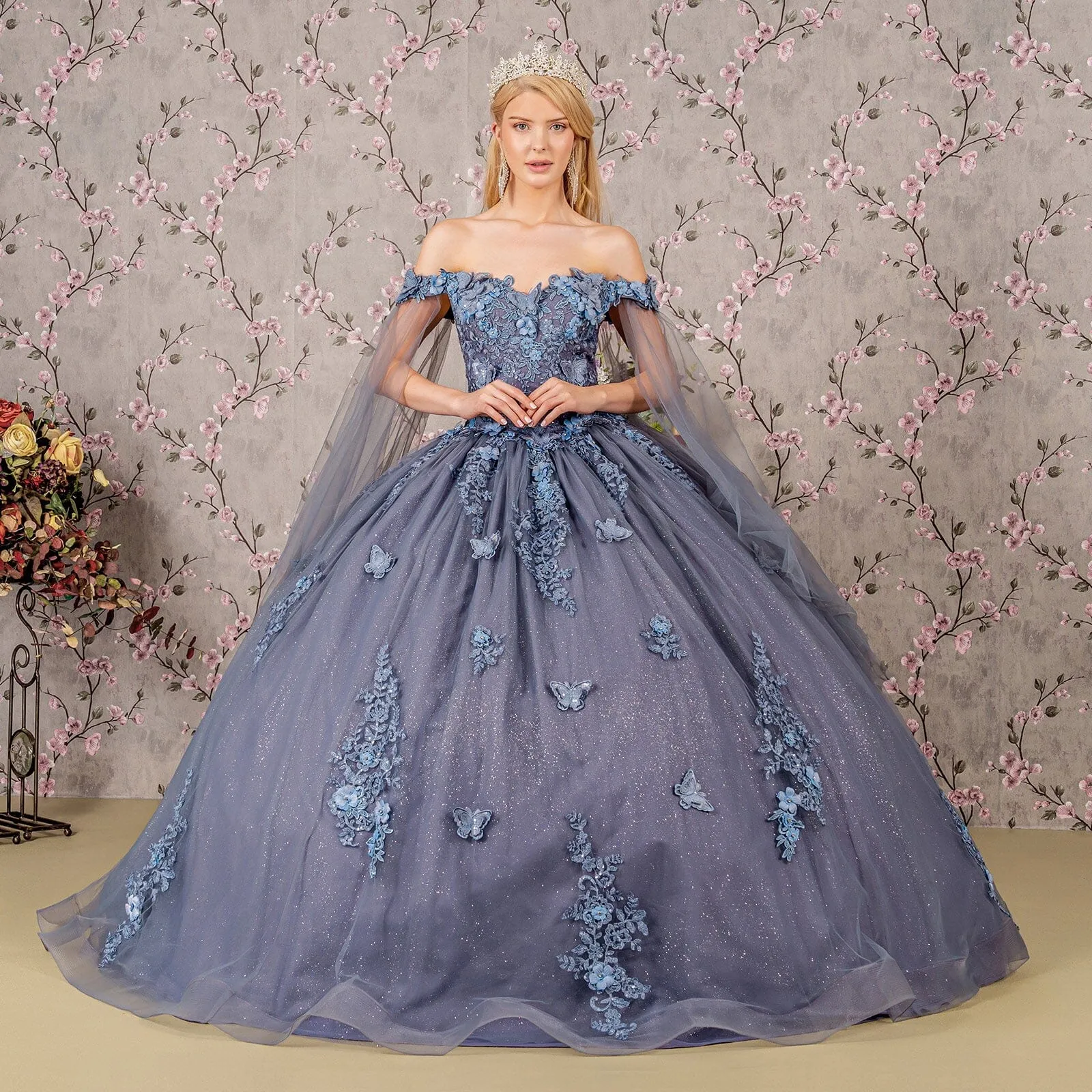 Applique Cape Sleeve Ball Gown by Elizabeth K GL3181