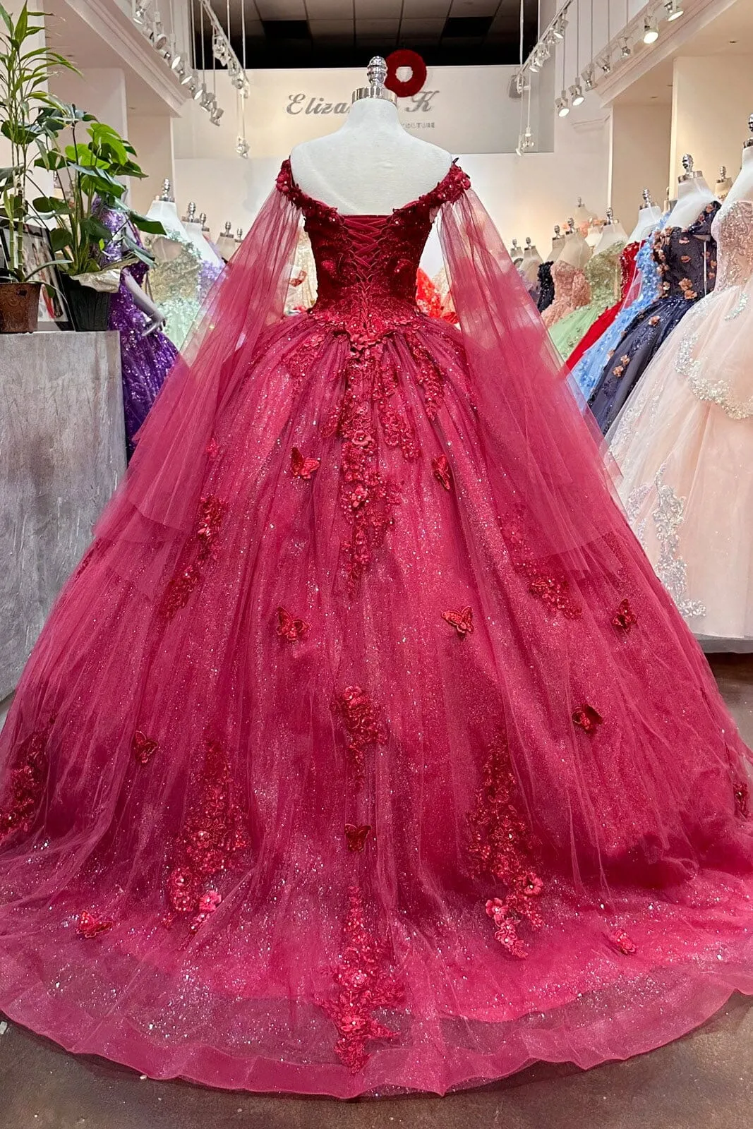 Applique Cape Sleeve Ball Gown by Elizabeth K GL3181