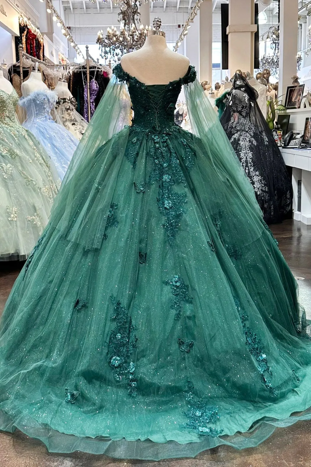 Applique Cape Sleeve Ball Gown by Elizabeth K GL3181