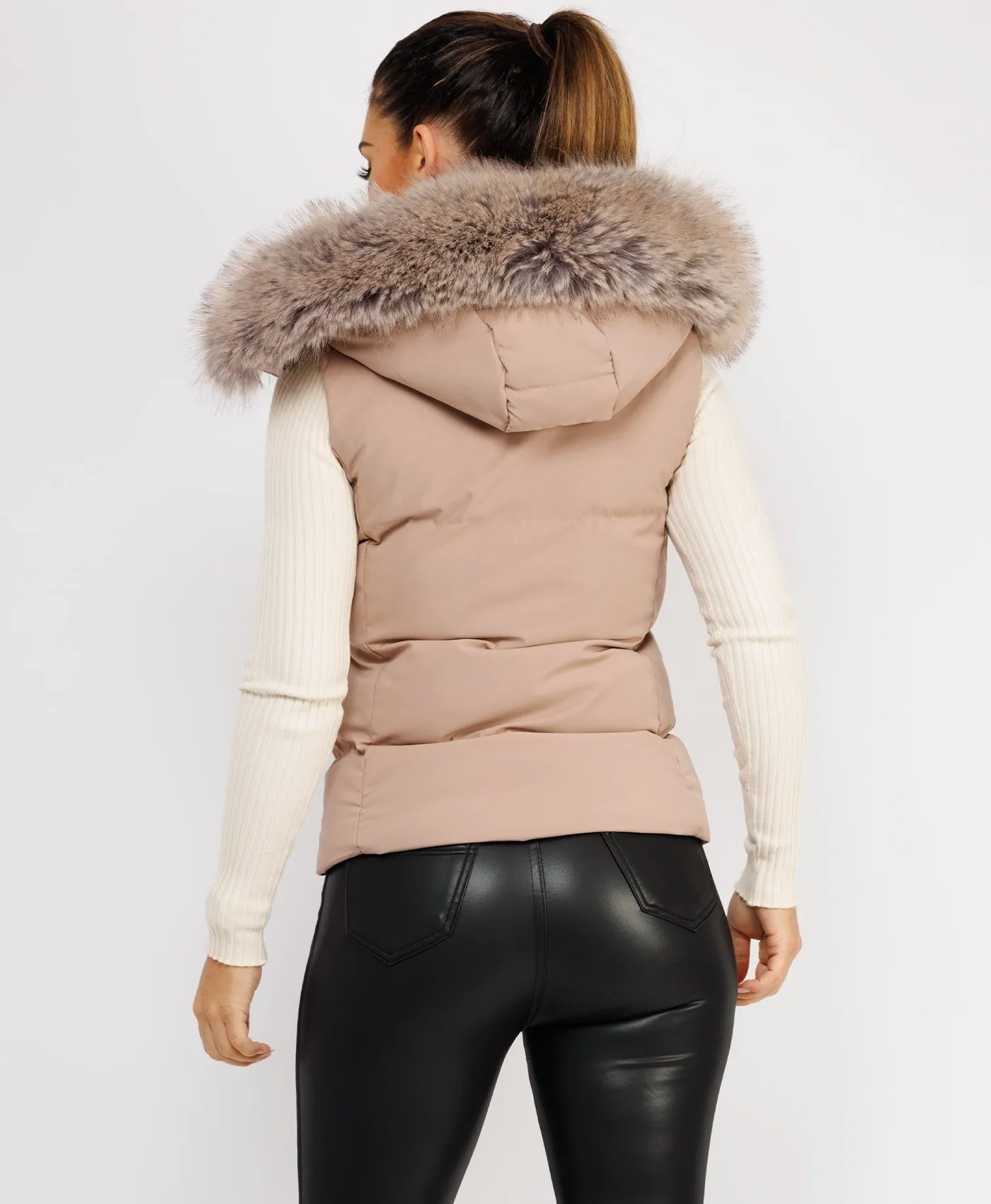 Beige Fluffy Faux Fur Trim Hood Puffer Gilet Vest