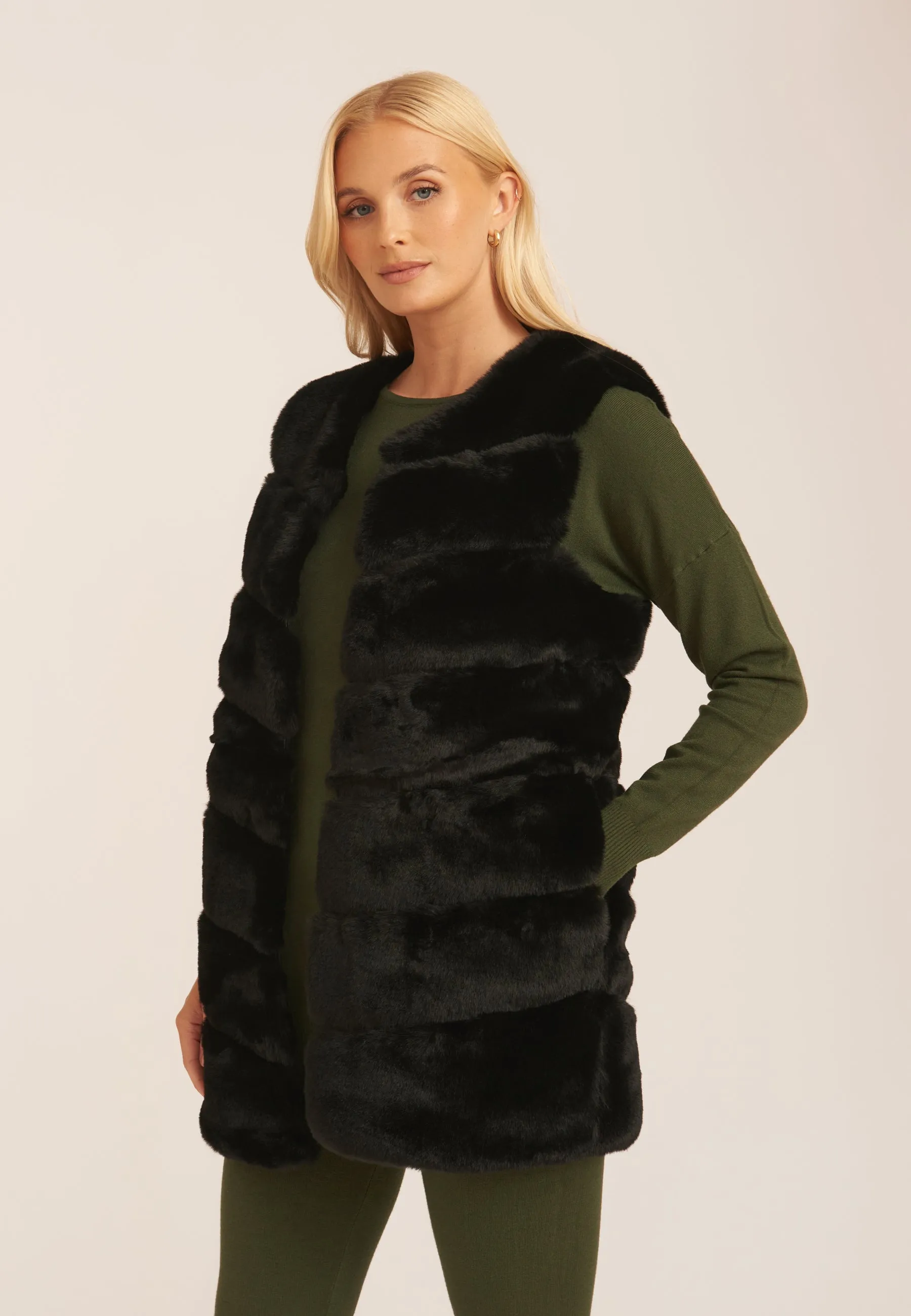 Black Diagonal Cut Sleeveless Faux Fur Gilet