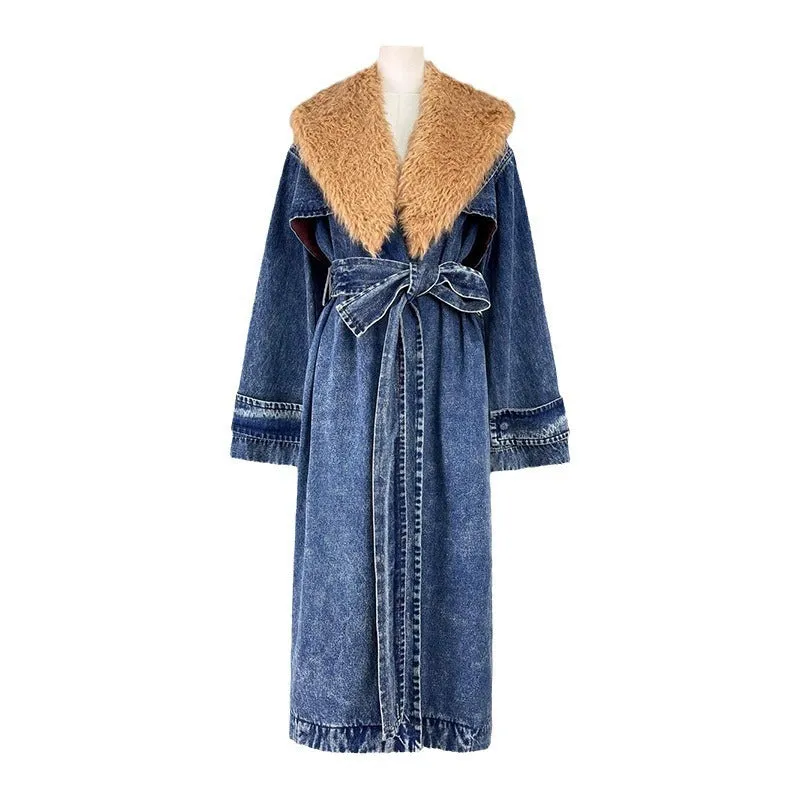 Blue Marine Faded Denim Faux Fur Trench Coat