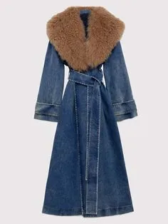 Blue Marine Faded Denim Faux Fur Trench Coat