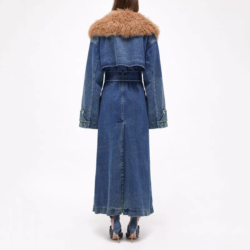 Blue Marine Faded Denim Faux Fur Trench Coat