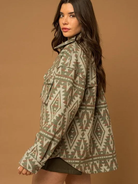 Bohemian Flair Aztec Print Shacket with 3D Pockets