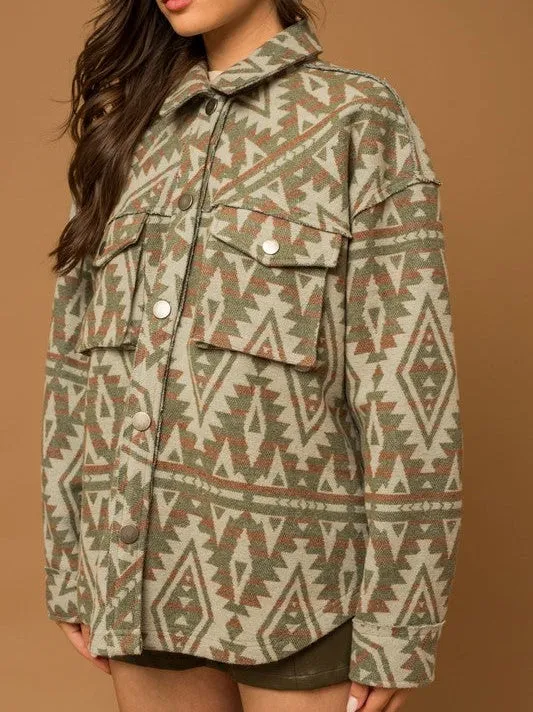 Bohemian Flair Aztec Print Shacket with 3D Pockets