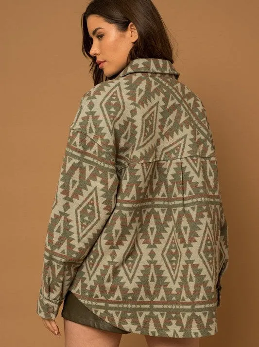 Bohemian Flair Aztec Print Shacket with 3D Pockets