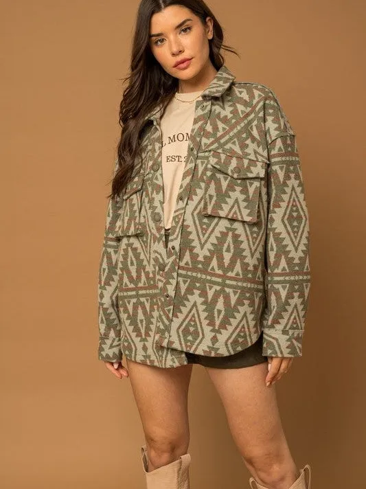 Bohemian Flair Aztec Print Shacket with 3D Pockets