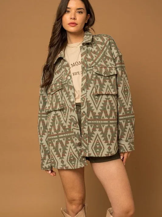 Bohemian Flair Aztec Print Shacket with 3D Pockets