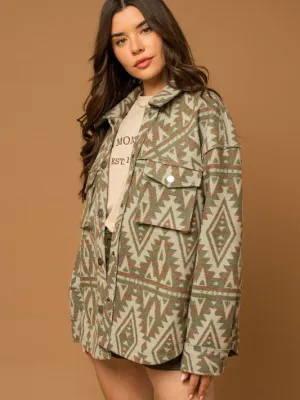 Bohemian Flair Aztec Print Shacket with 3D Pockets