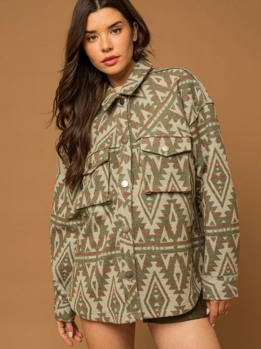 Bohemian Flair Aztec Print Shacket with 3D Pockets