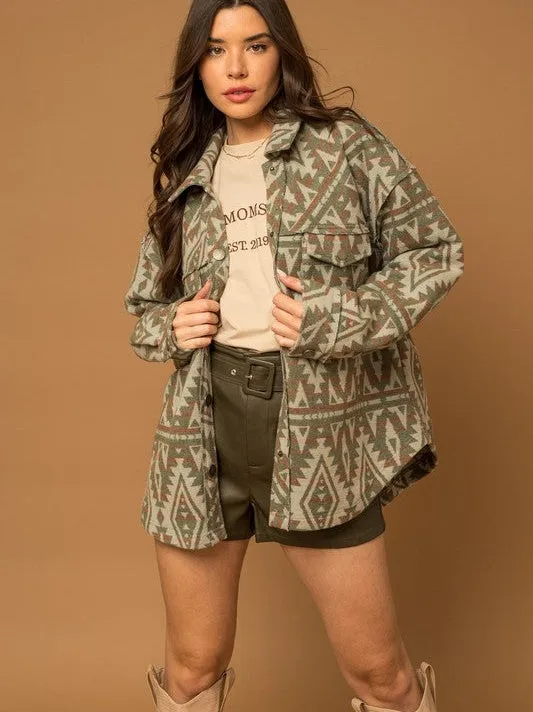 Bohemian Flair Aztec Print Shacket with 3D Pockets