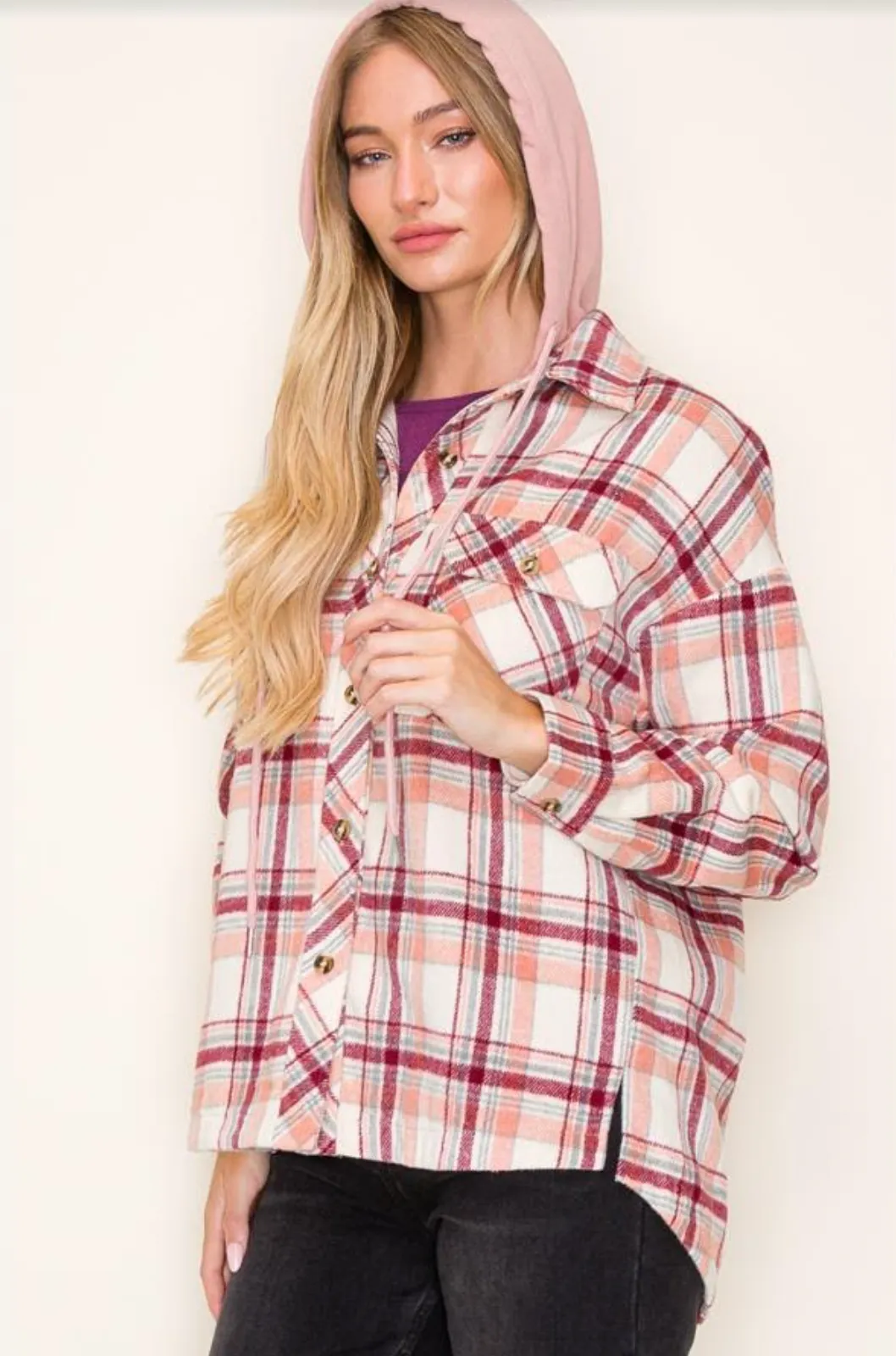 Burgundy & Blush Next Chapter Plaid Hooded Shacket