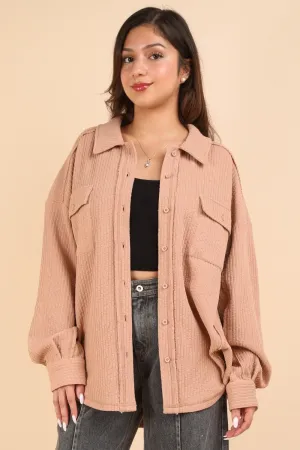 Button Down Textured Knit Shacket in Blush