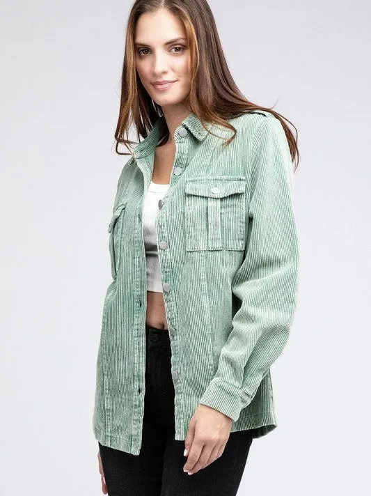 Cool in Pastel Corduroy Button Down Shacket