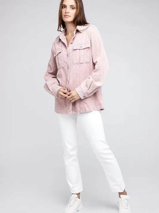 Cool in Pastel Corduroy Button Down Shacket