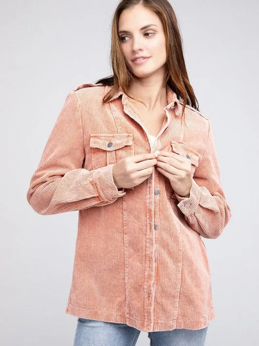 Cool in Pastel Corduroy Button Down Shacket