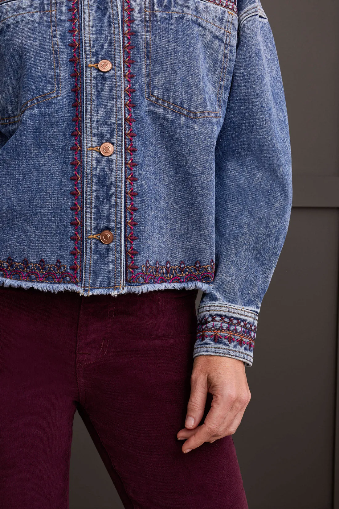 Crop Denim Shacket with Embroidery