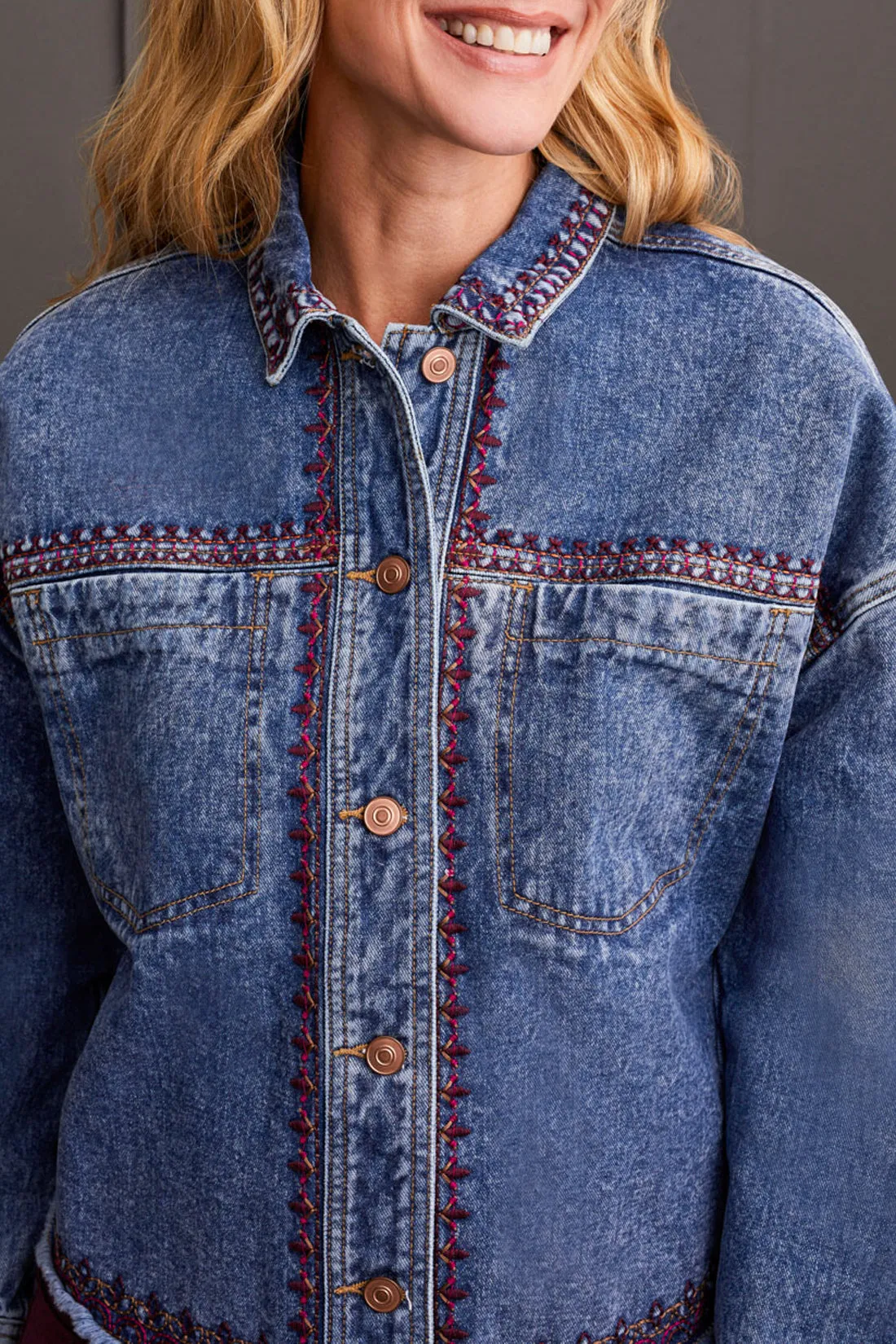 Crop Denim Shacket with Embroidery