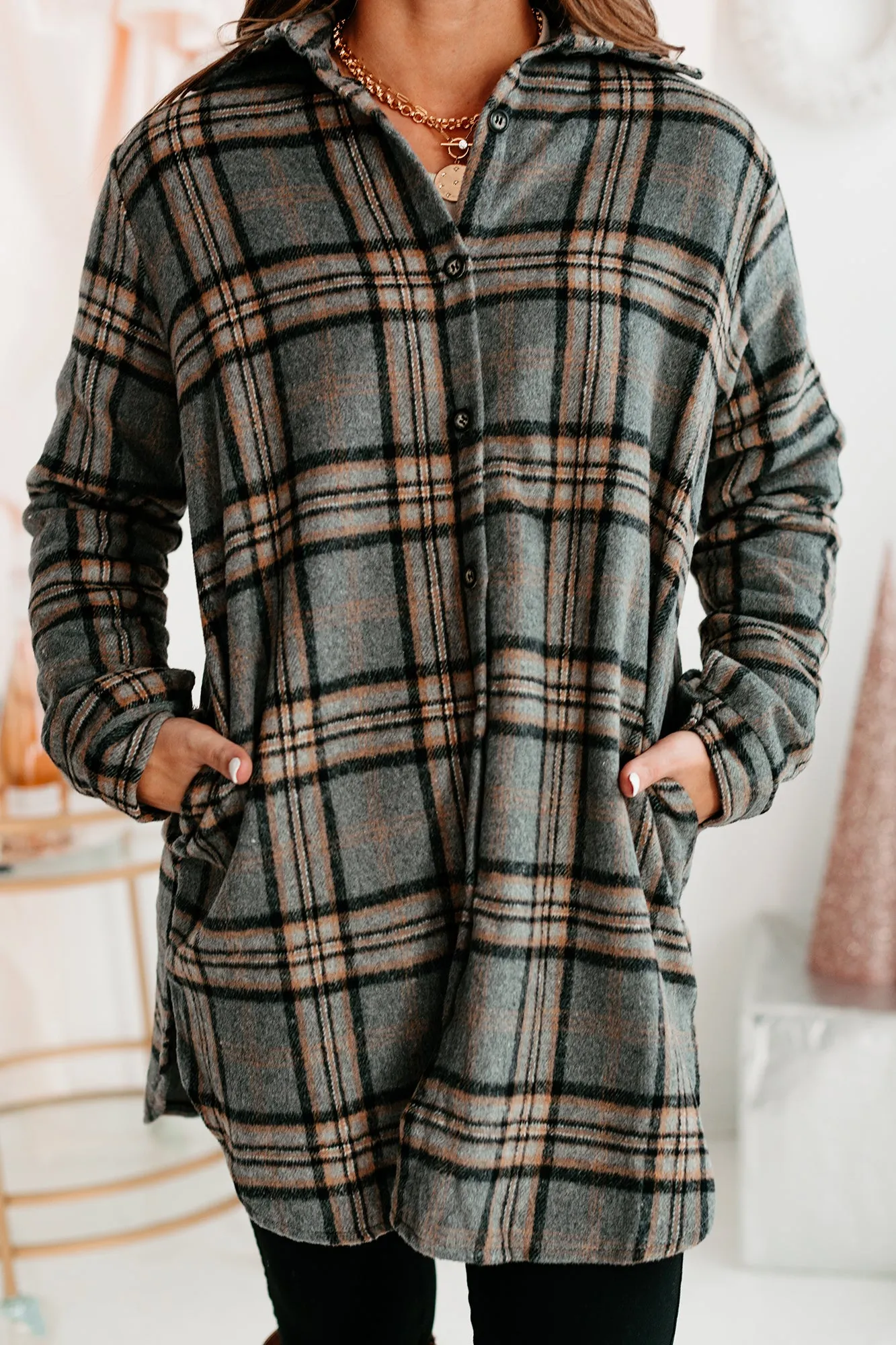 Cultivating Connections Lightweight Plaid Shacket (Gray)