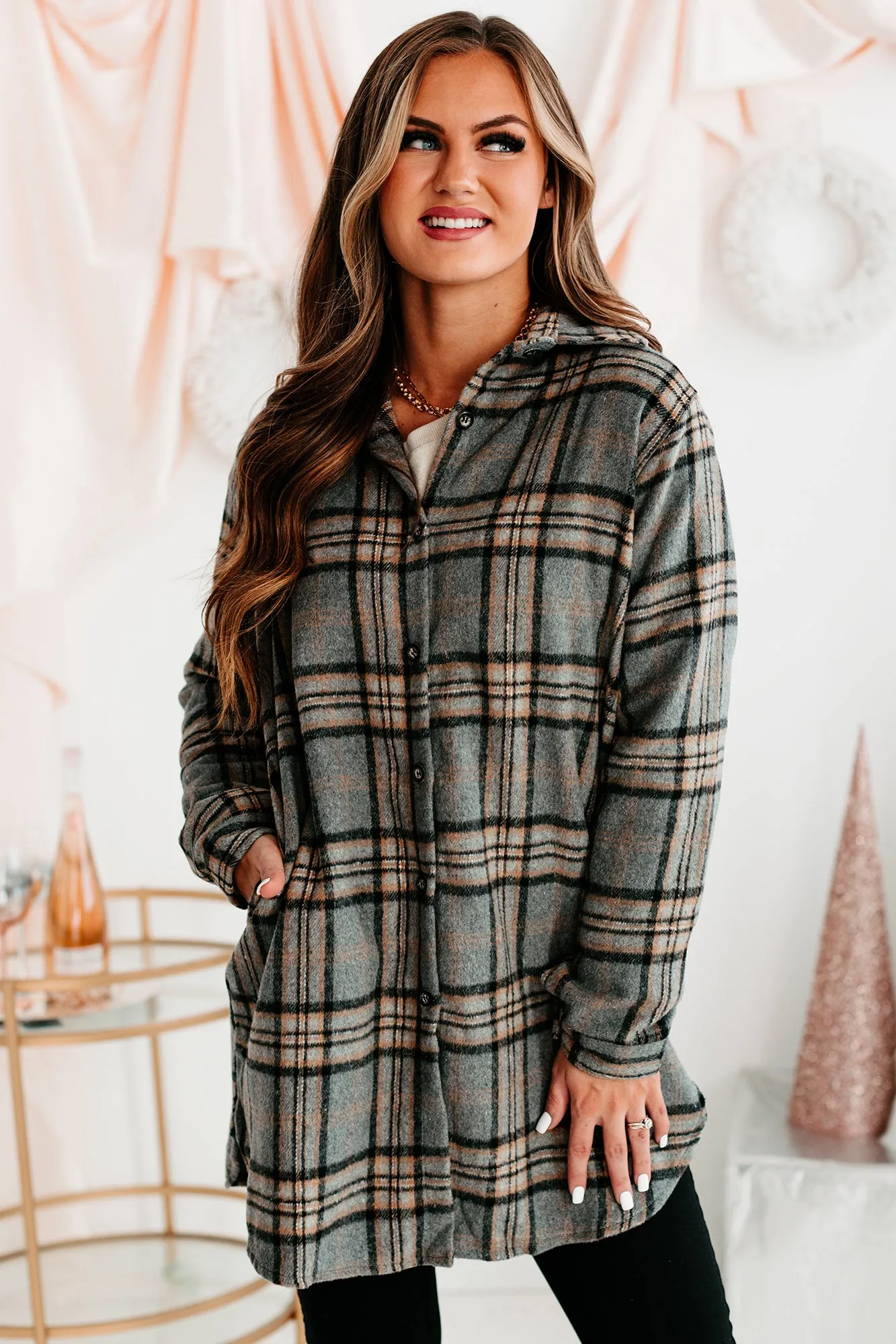 Cultivating Connections Lightweight Plaid Shacket (Gray)