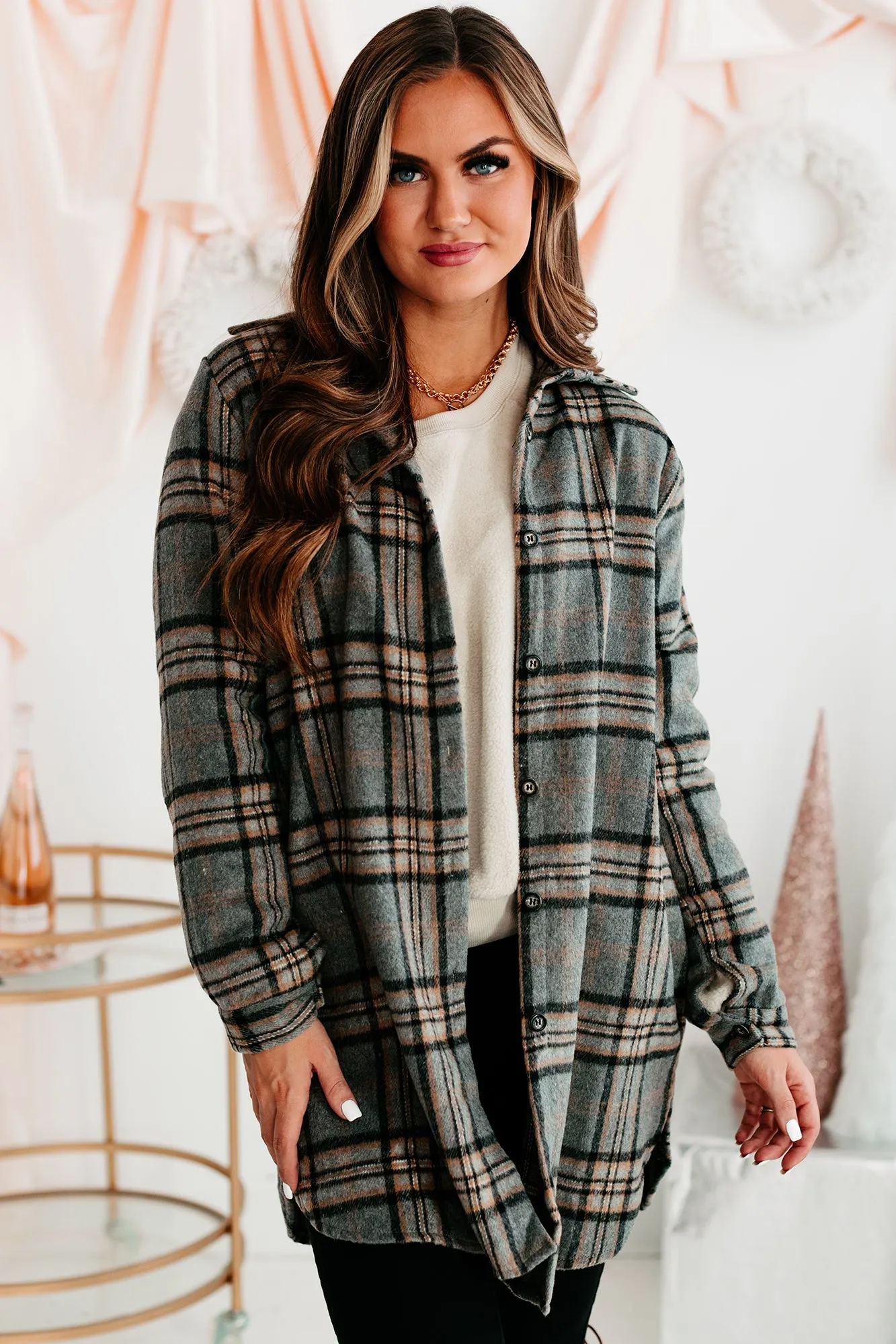 Cultivating Connections Lightweight Plaid Shacket (Gray)