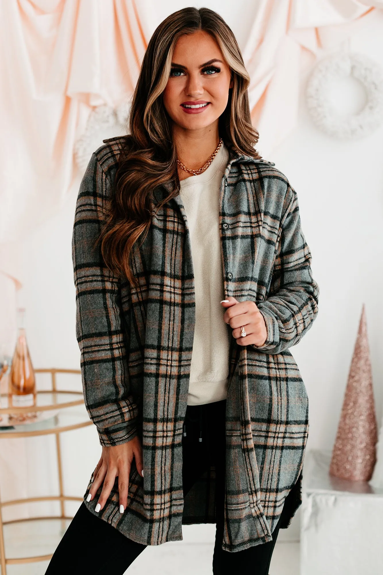 Cultivating Connections Lightweight Plaid Shacket (Gray)