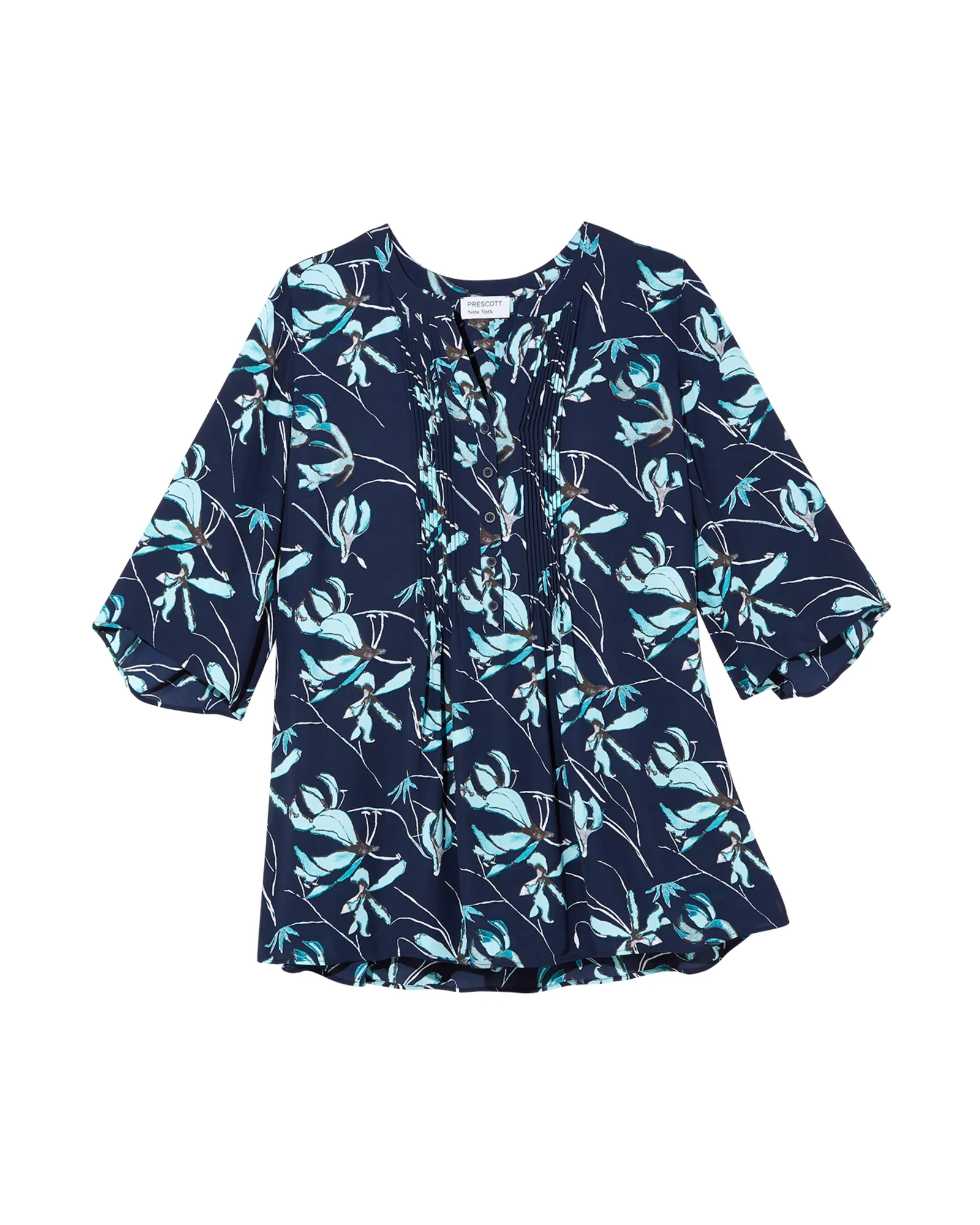 Edith 3/4 Sleeve Pleated Blouse | Navy / Light Blue