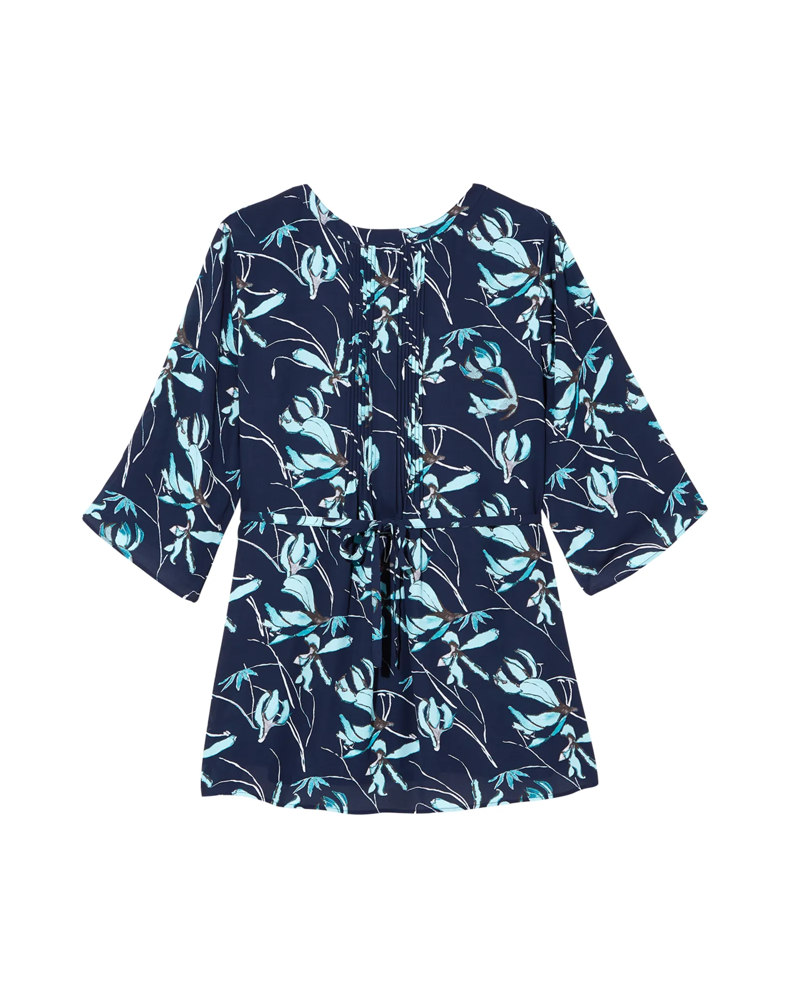 Edith 3/4 Sleeve Pleated Blouse | Navy / Light Blue