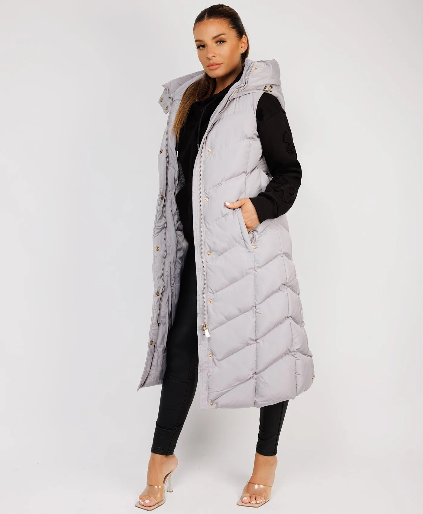 Grey Longline Chevron Padded Gilet Bodywarmer