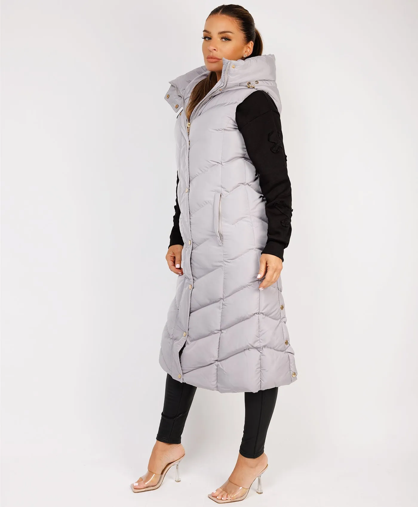 Grey Longline Chevron Padded Gilet Bodywarmer