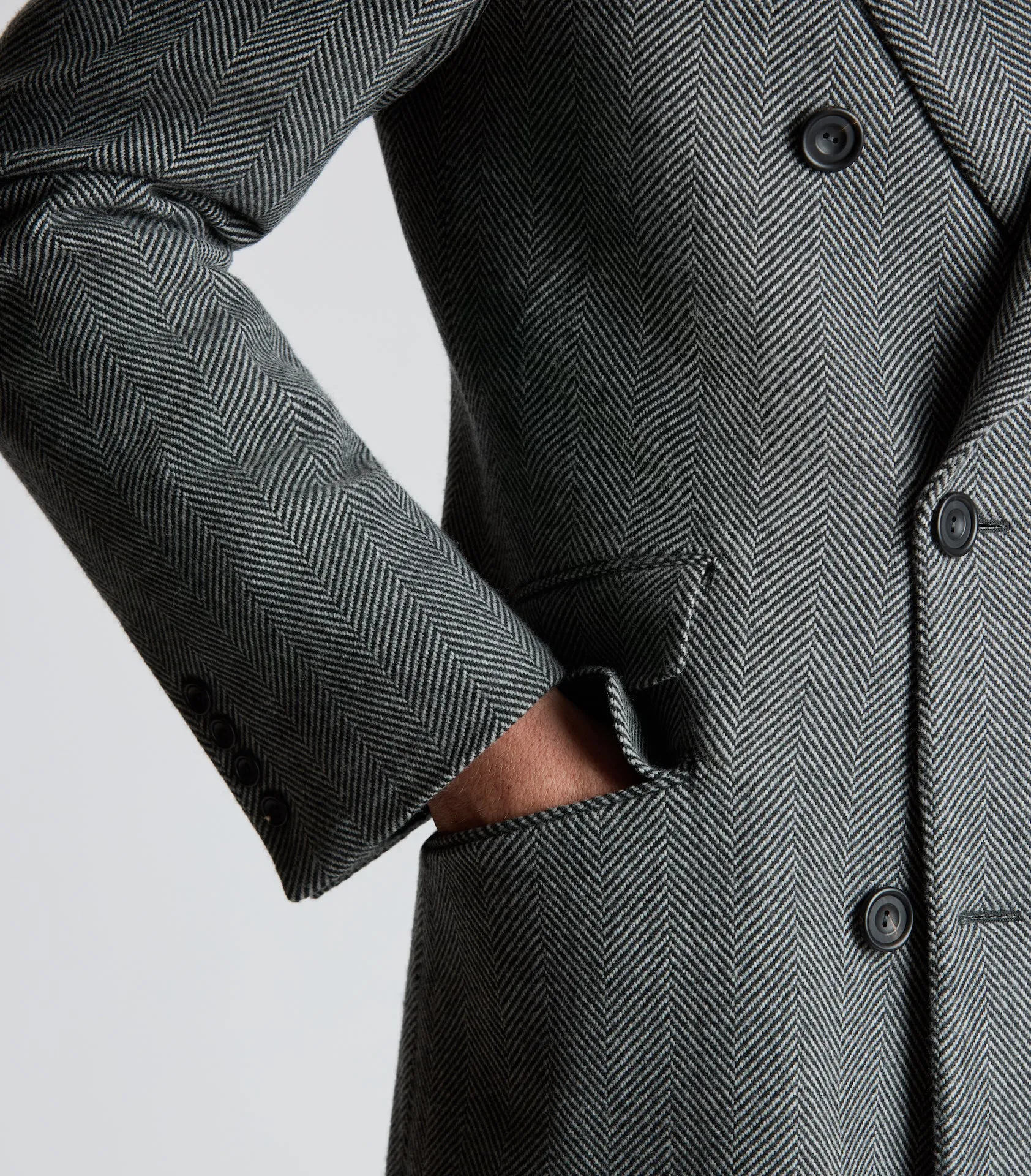 Grey Wool Herringbone Double Breasted Overcoat