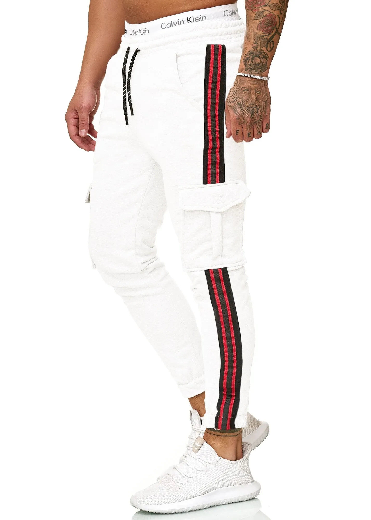 Kanku Stripe Cargo Sweatpants Joggers - White X102B