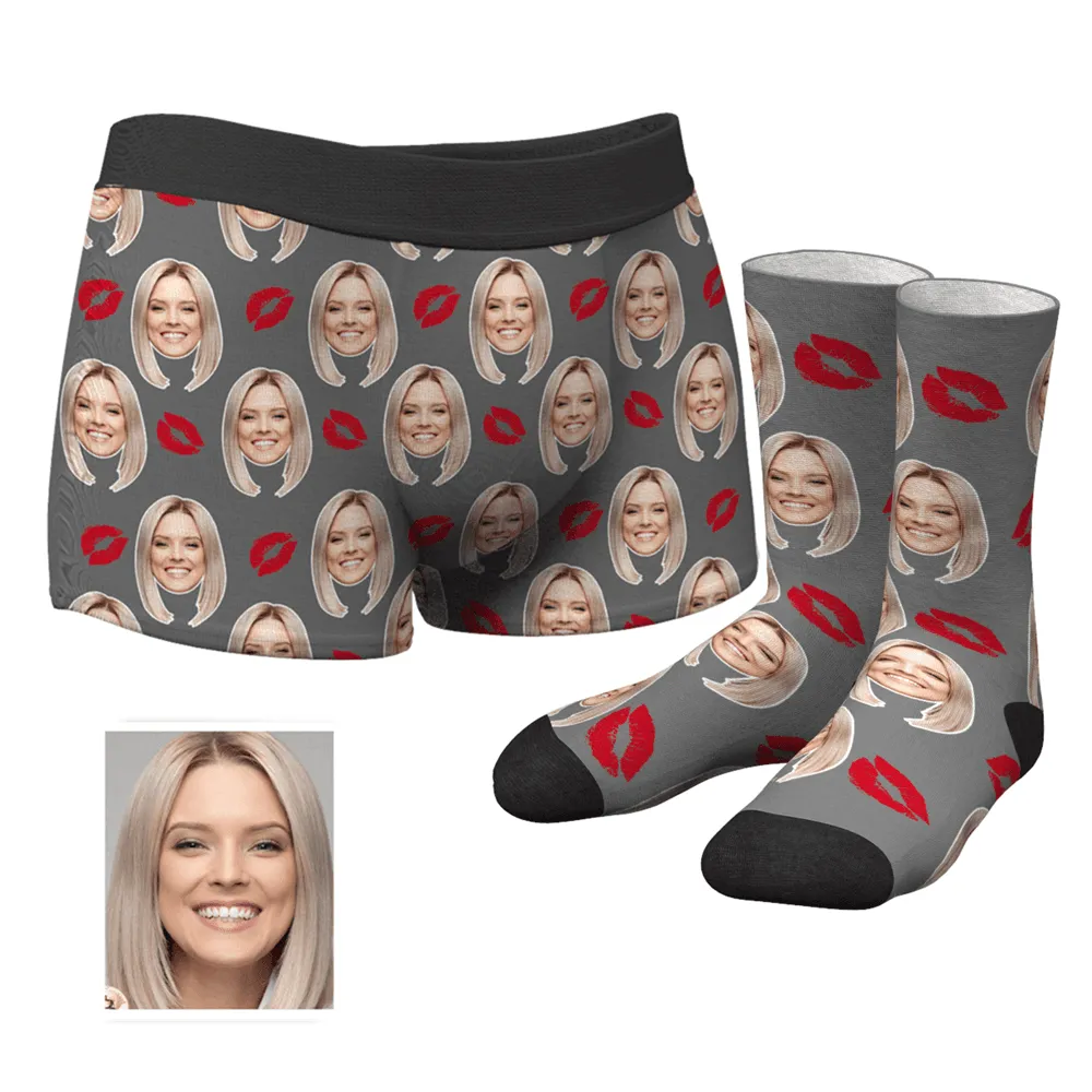 Kiss Couple Men's Custom Face Boxer Shorts And Socks Set