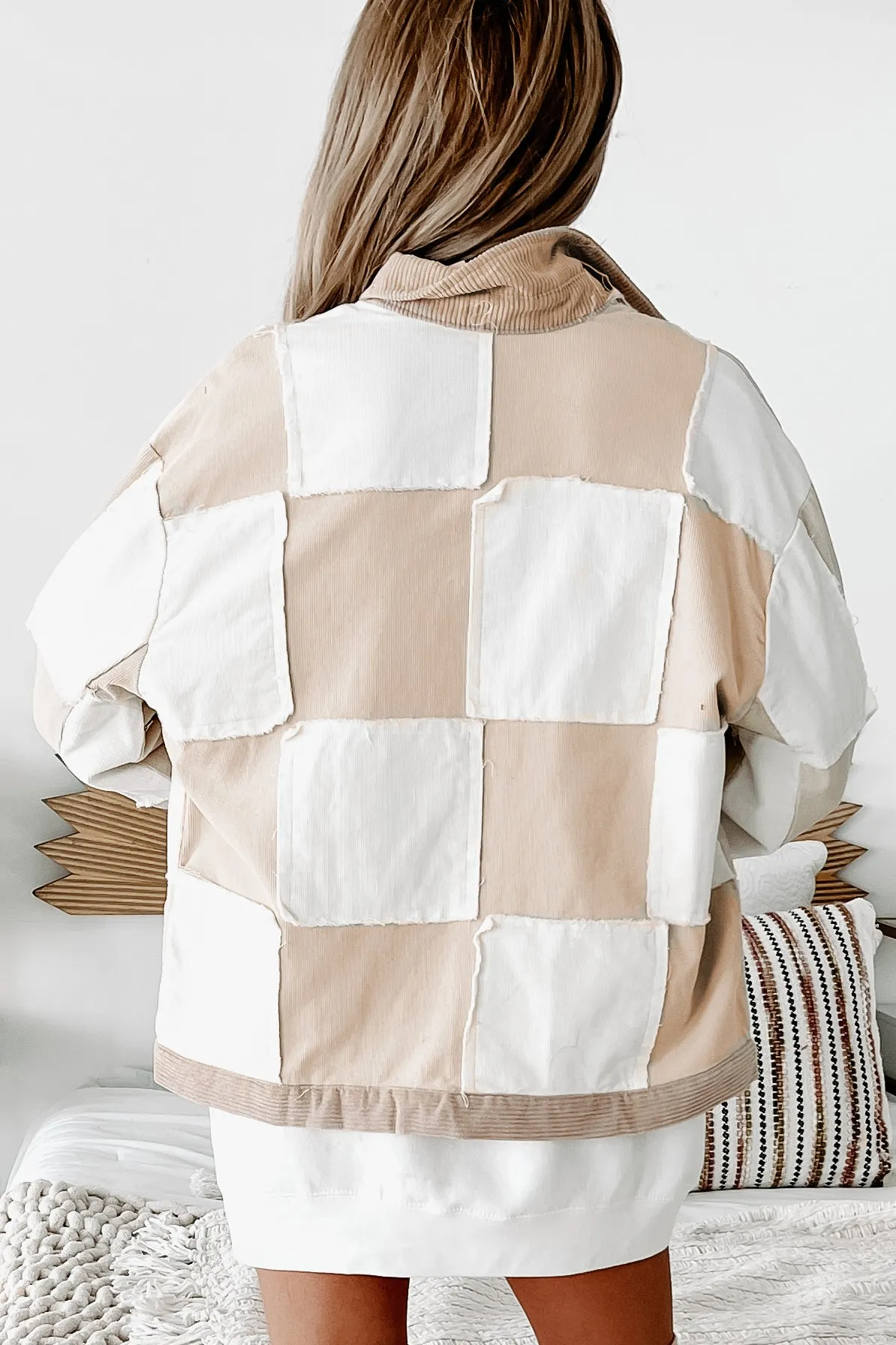 Living In The Past Corduroy Patchwork Shacket (Beige Multi)