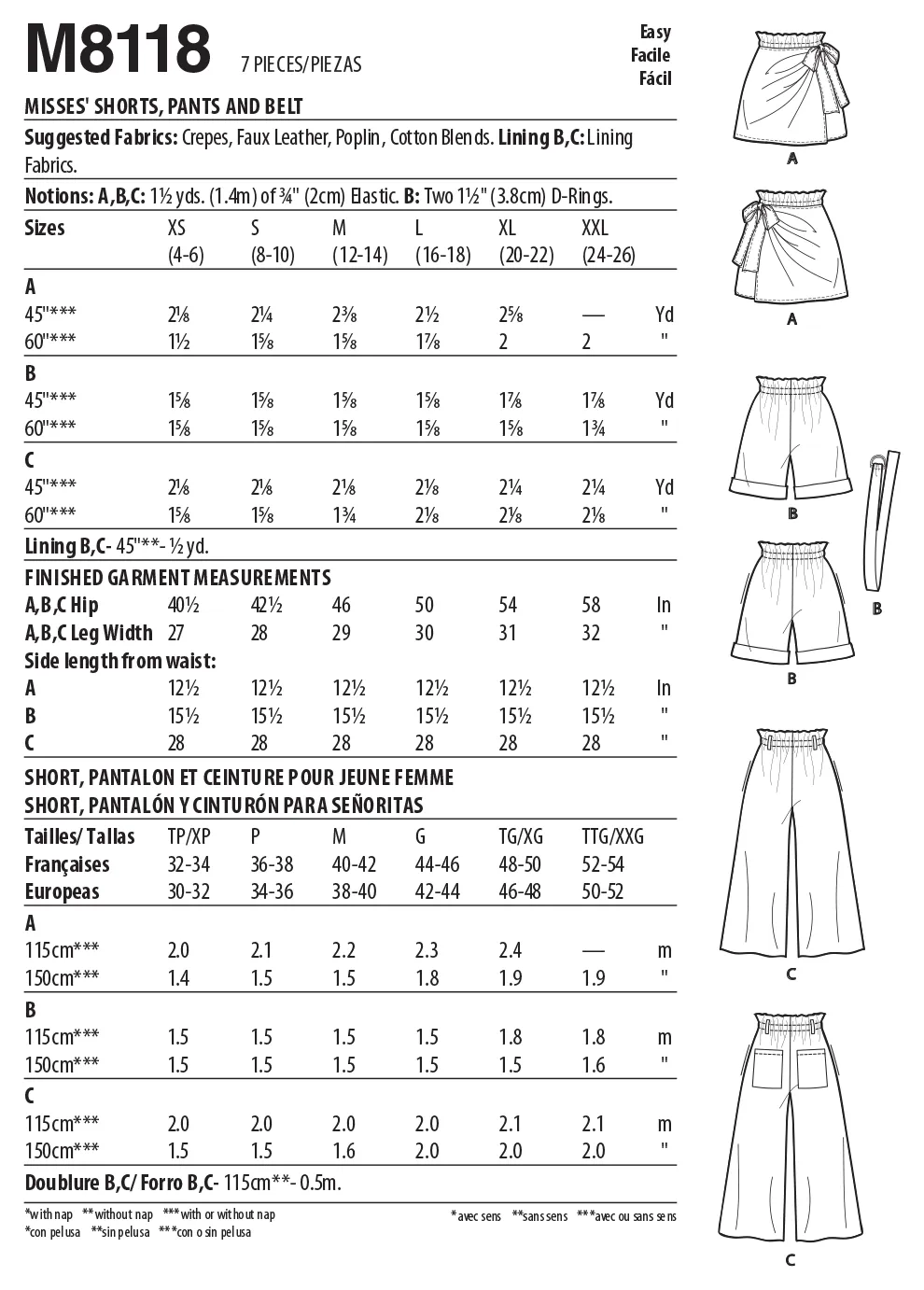 McCall's Pattern M8118 Misses' Shorts, Pants & Belt