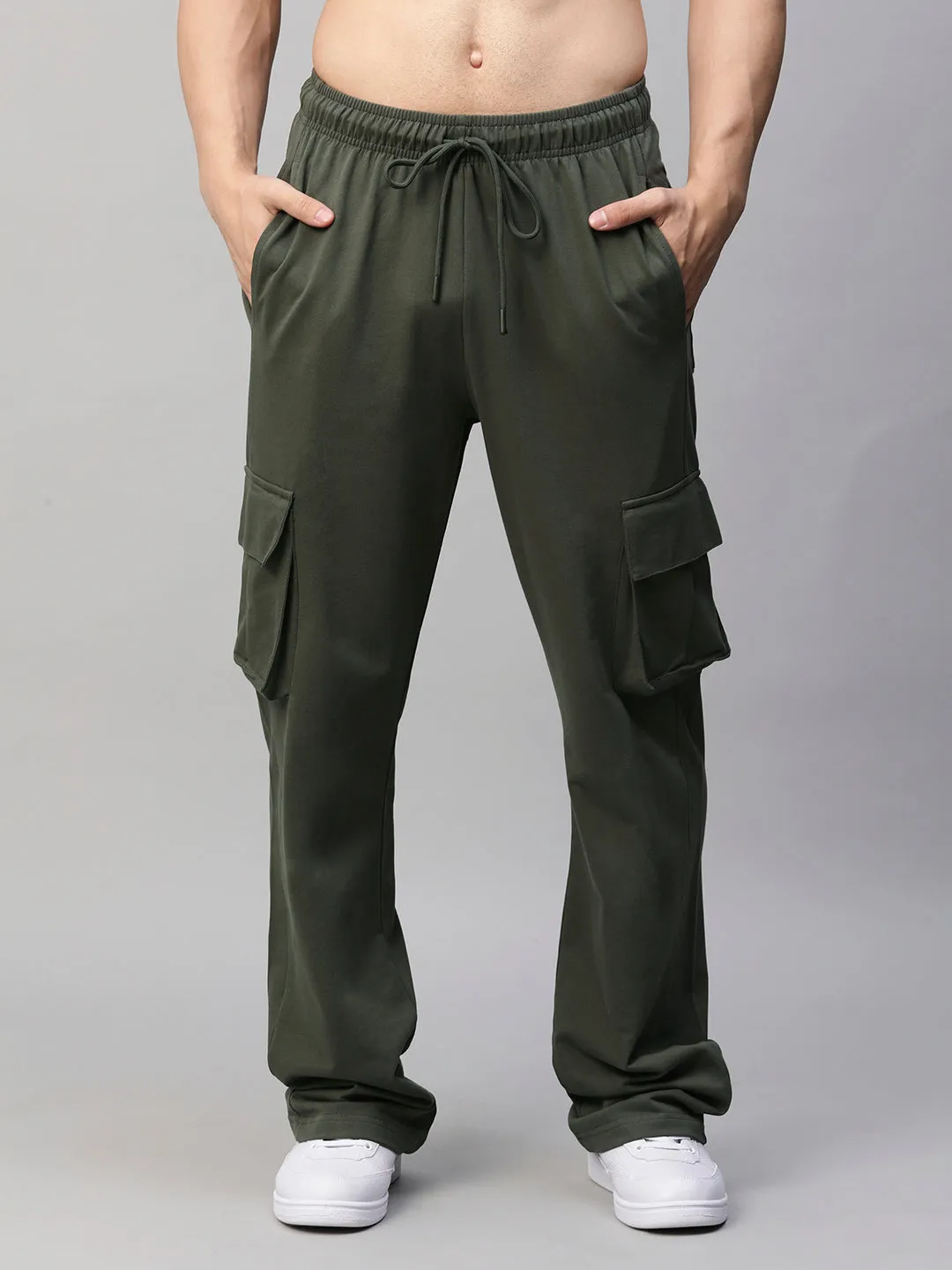 Men Premium Terry Cargo Pants - Olive Green