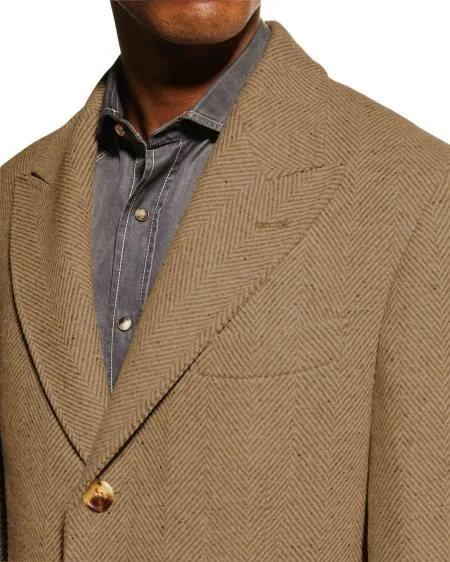 Mens Wool Carcoat - Beige Three Quarter Peak Lapel Topcoat