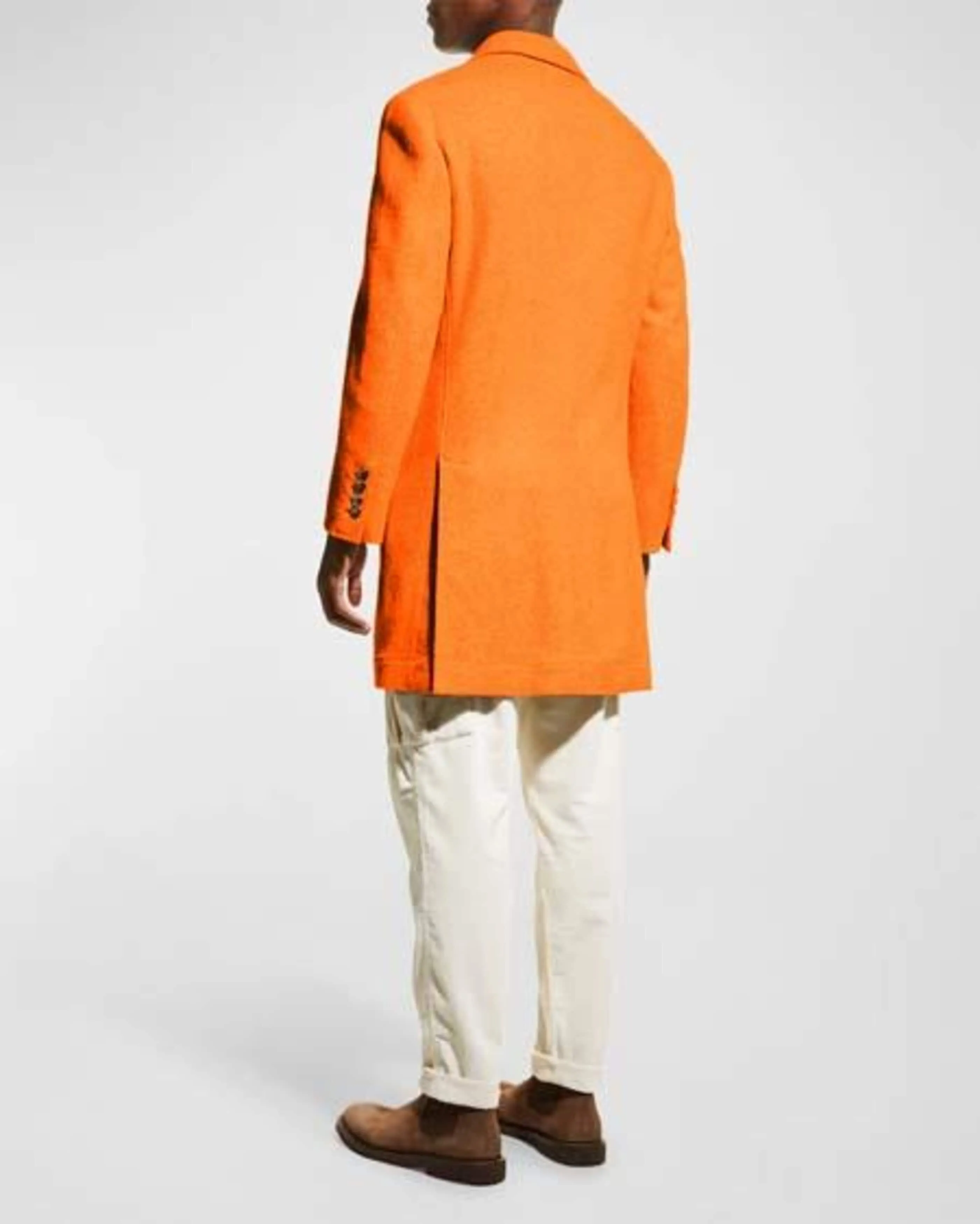 Mens Wool Carcoat - Hot Orange Three Quarter Peak Lapel Topcoat