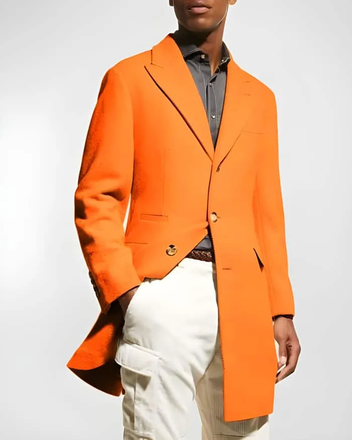 Mens Wool Carcoat - Hot Orange Three Quarter Peak Lapel Topcoat