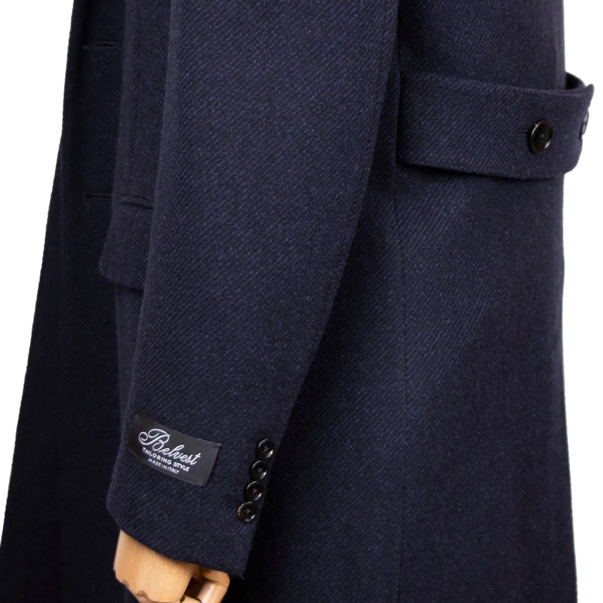 Navy Wool & Cashmere Twill Longline Handcrafted Overcoat