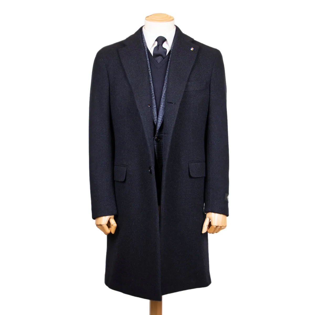 Navy Wool & Cashmere Twill Longline Handcrafted Overcoat