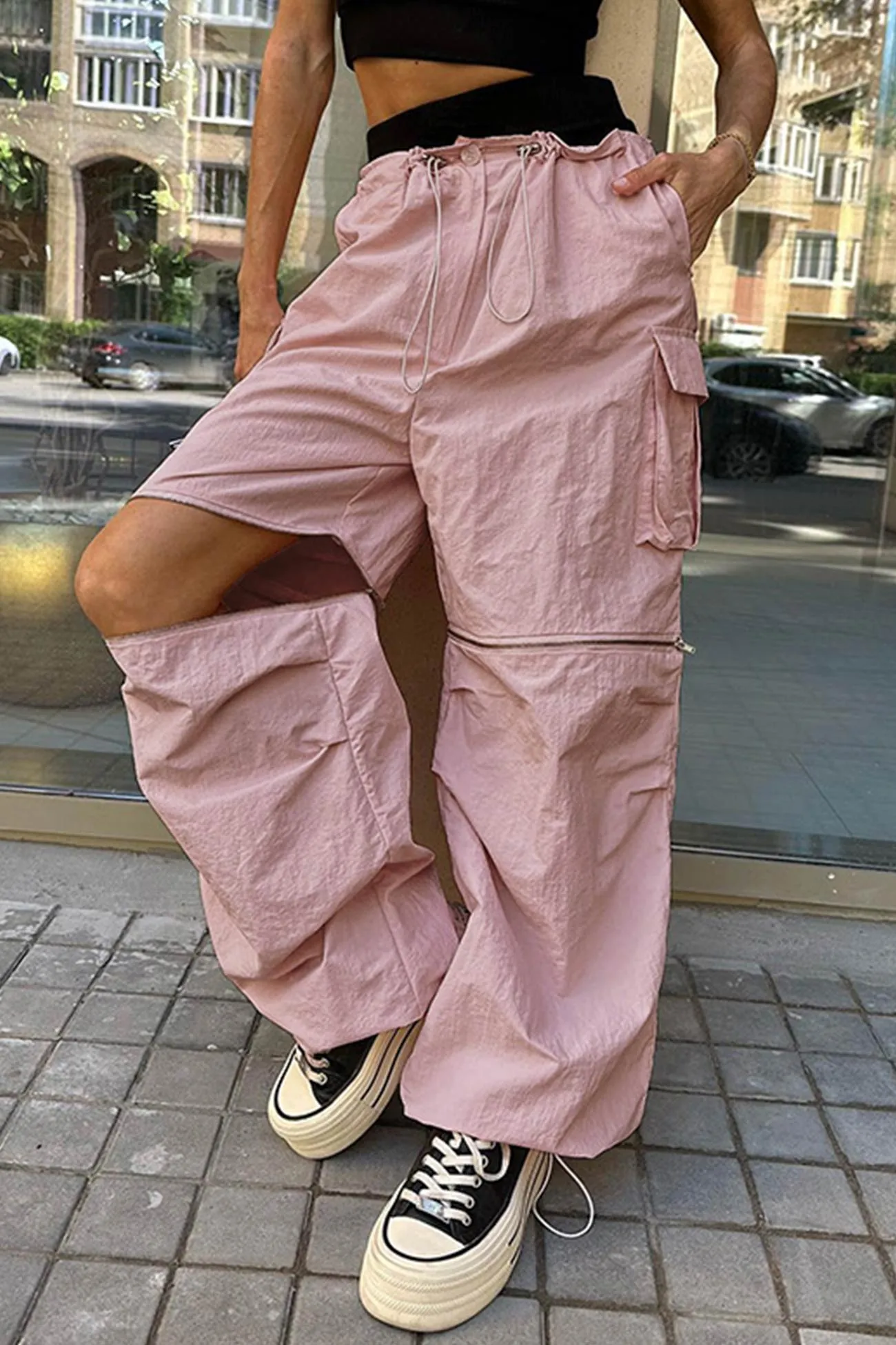 Pink Drawstring Zipper Cargo Long Pants