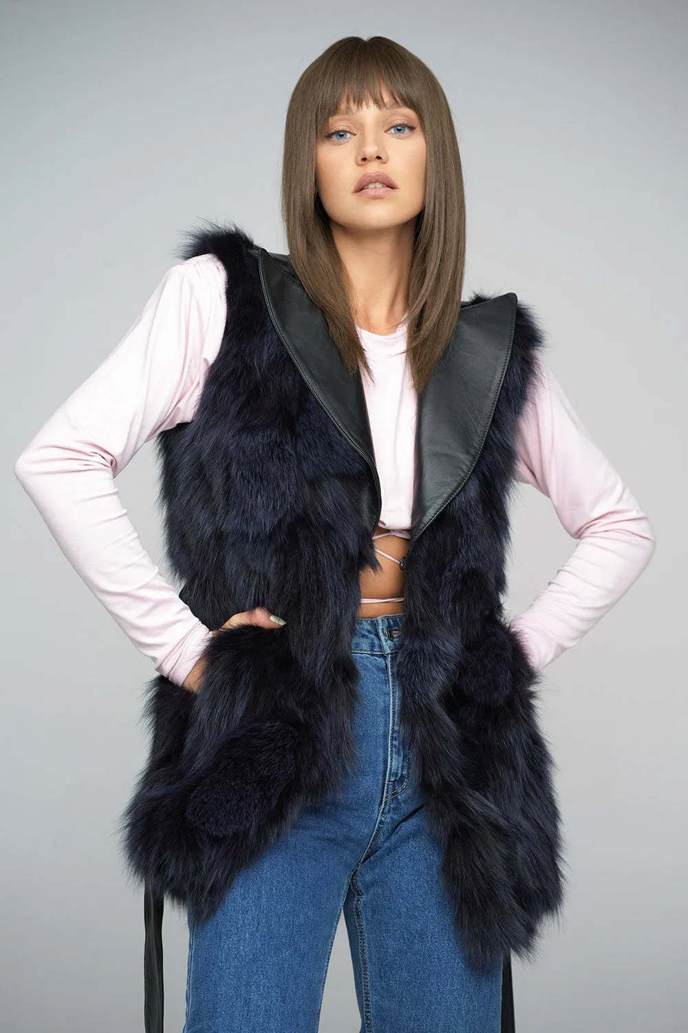 Purple Genuine Fox Fur Vest with Leather Belt