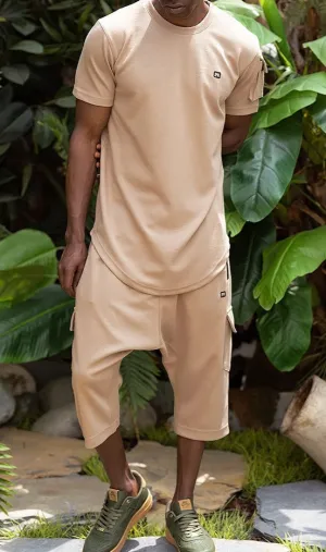 QL IGO Relaxed Cargo Shorts and T-Shirt Set in Camel