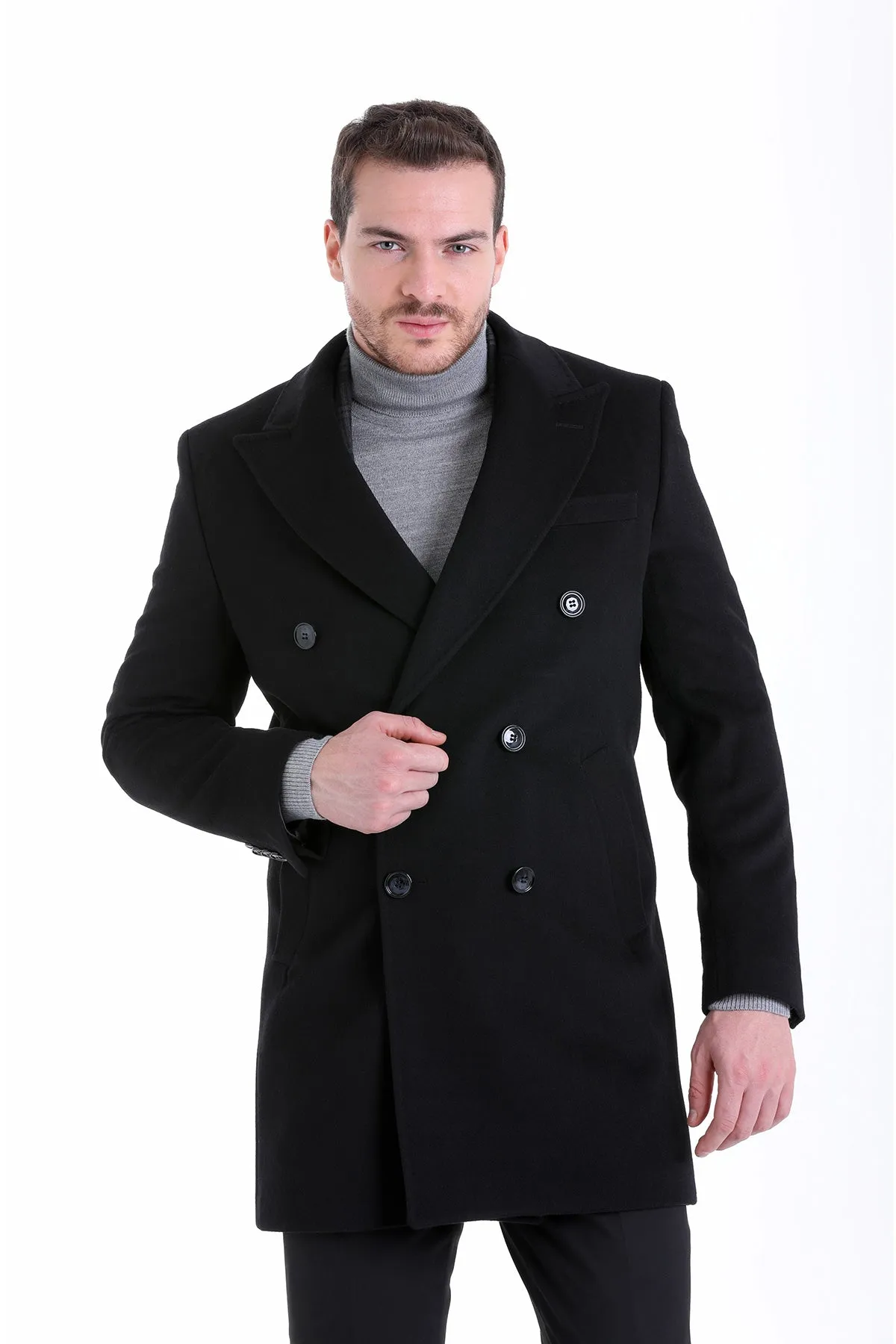 Regular Fit Cachet Double Breasted Wool Blend Black Overcoat