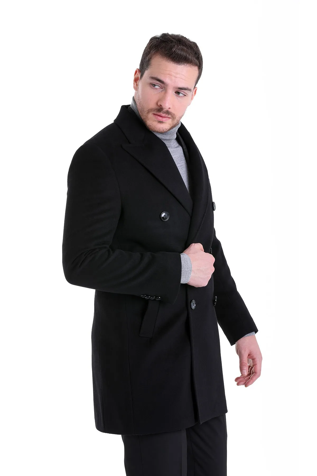 Regular Fit Cachet Double Breasted Wool Blend Black Overcoat