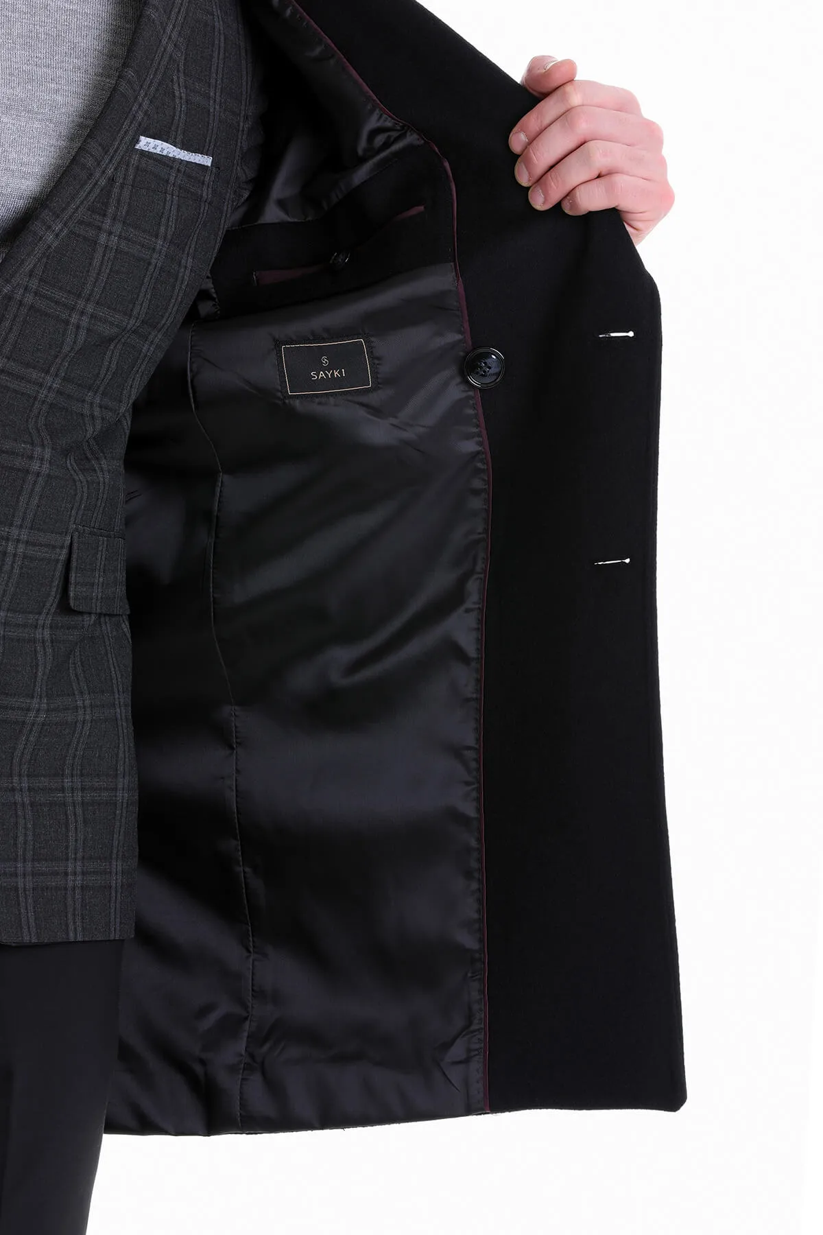 Regular Fit Cachet Double Breasted Wool Blend Black Overcoat