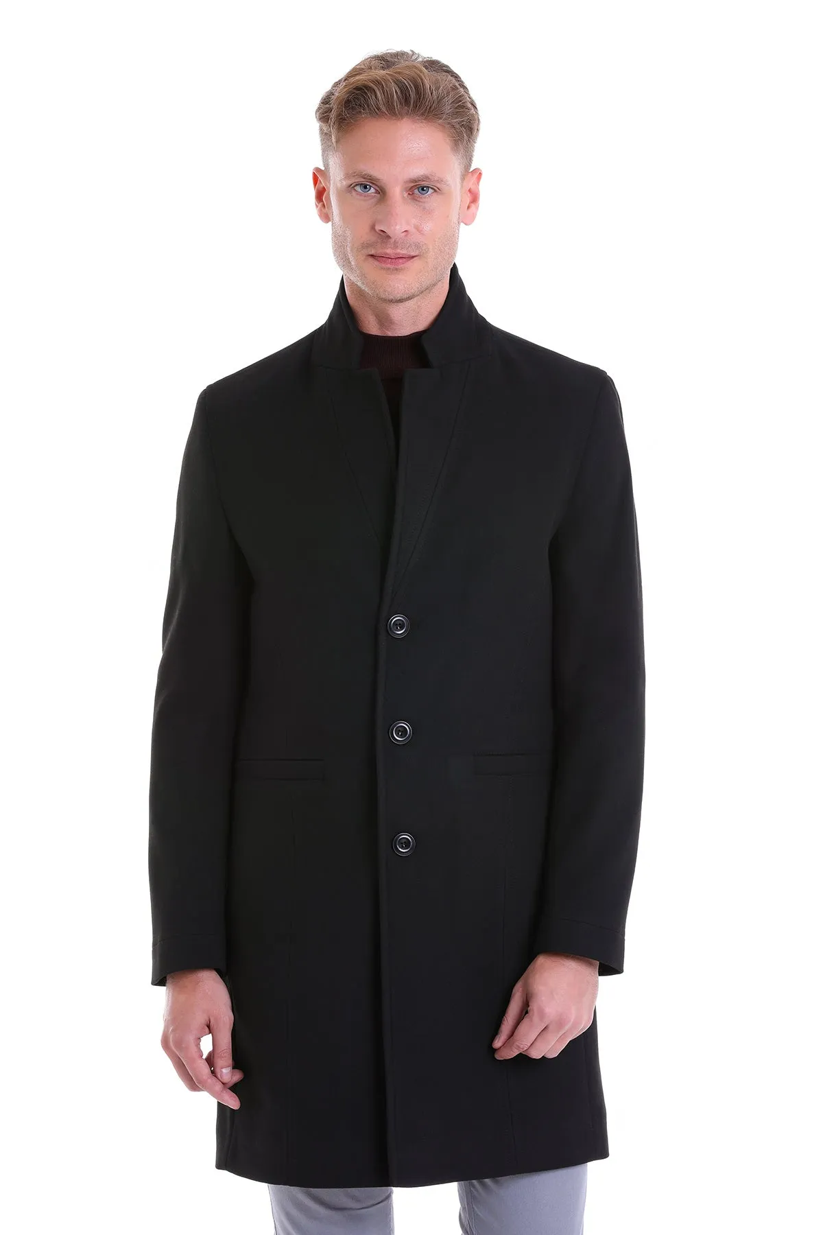 Regular Fit Cachet Notch Lapel Black Overcoat